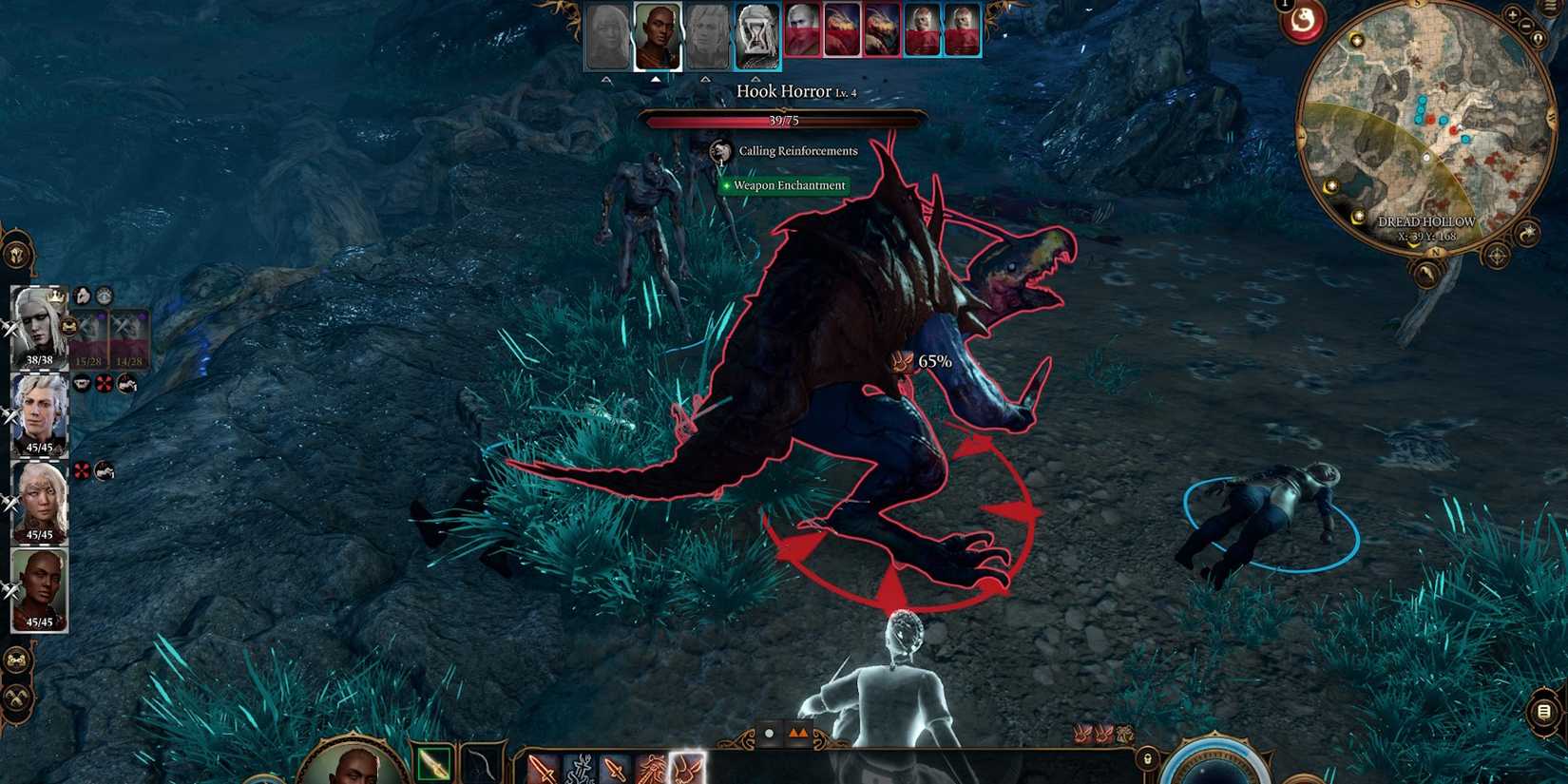 Рейдер в бою с монстром "Hook Horror" в Baldur's Gate 3