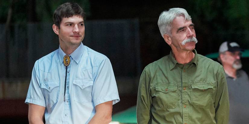 Colt (Sam Elliott) and Beau (Ashton Kutcher) smiling together in The Ranch
