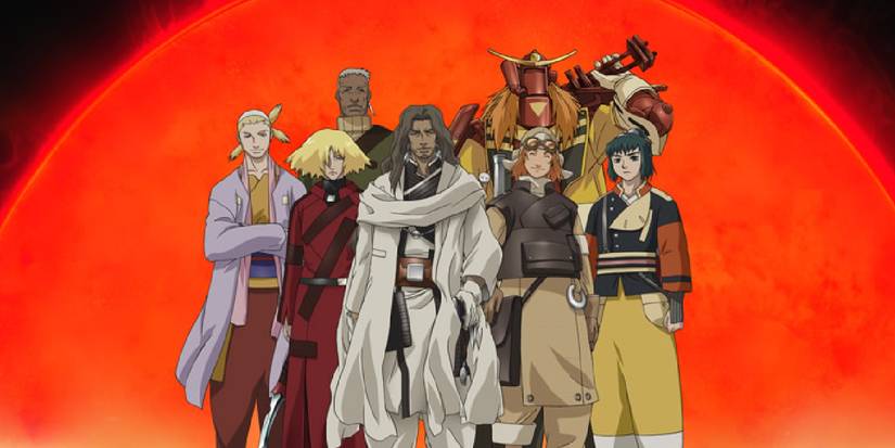 Samurai 7's cast standing together with a massive red sun behind them.