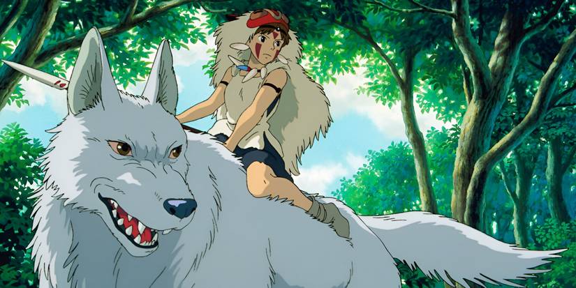San rides on the back of her mother Moro as they move through the forest to speak to other animal gods in Princess Mononoke.