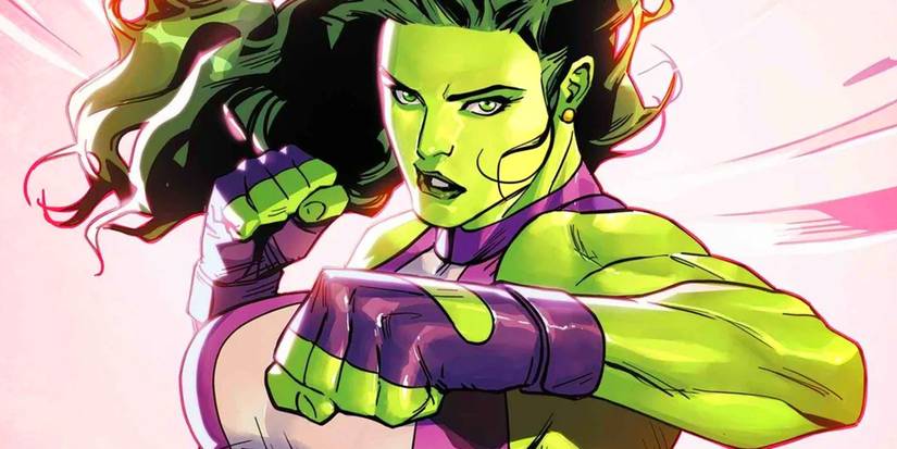 She-Hulk directing a punch toward the reader, against a pink backdrop.
