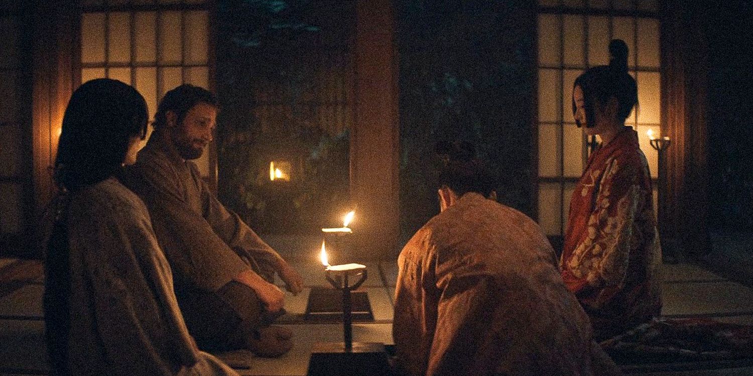 Blackthorne and Kiku at a tea ceremony accompanied by Mariko in Shogun season 1 ep6