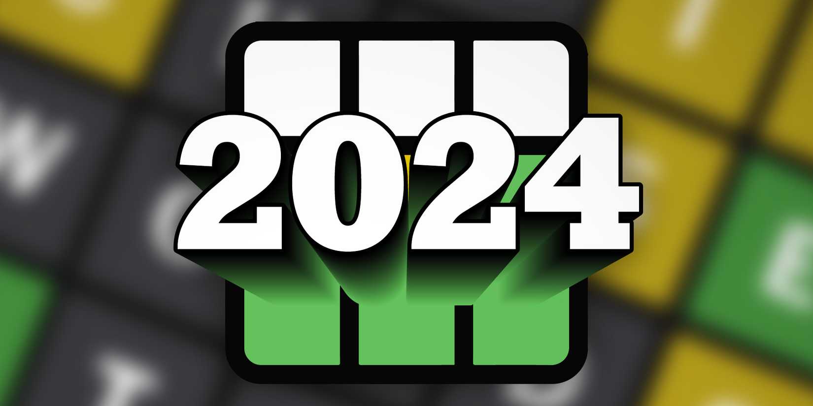 Das Wort "2024" in großen Buchstaben mit Wordle-ähnlichen Kästchen im Hintergrund