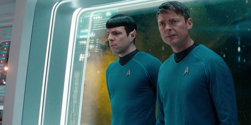 Karl Urban as Dr Leonard Bones McCoy and Zachary Quinto as Spock in Star Trek Into Darkness