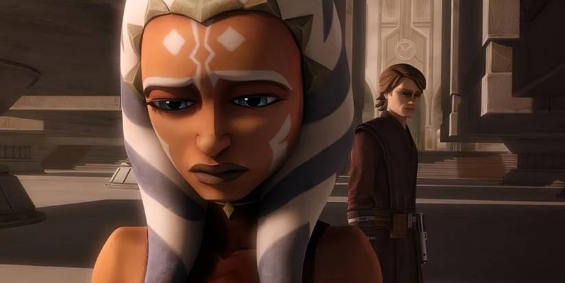 Star Wars' Ahsoka turning her back on Anakin Skywalker looking sad with Anakin looking upset in the background