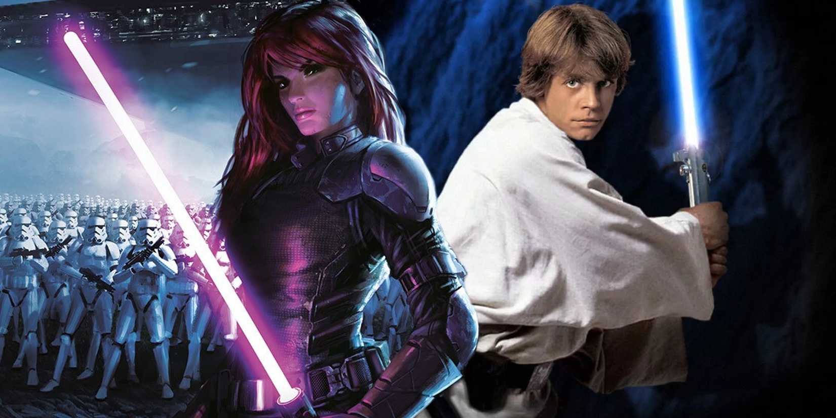 Star Wars Luke Skywalker e Mara Jade segurando sabres de luz