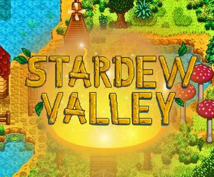 Сияющий логотип Stardew Valley на фоне яркой фермы.