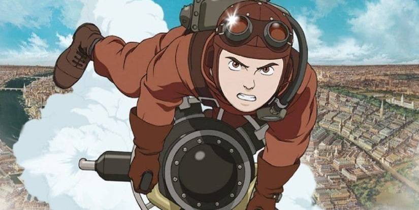 Le personnage principal de Steamboy serrant les dents alors qu'il monte une fusée au-dessus d'un paysage urbain.