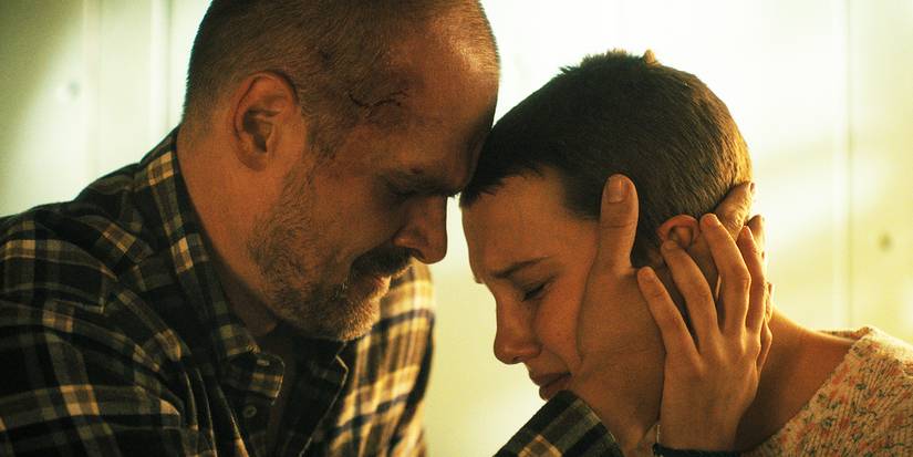 Hopper (David Harbour) and Eleven (Millie Bobby Brown) embrace in Stranger Things season 4