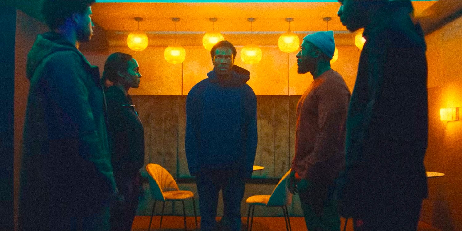 Five people standing facing each other in a room with yellow lights in Supacell