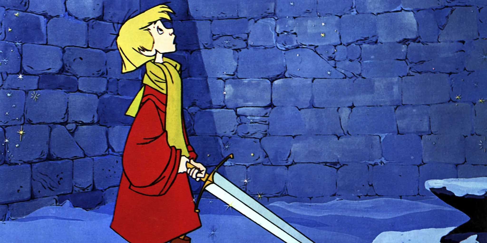 Arthur holding a sword in The Sword and the Stone