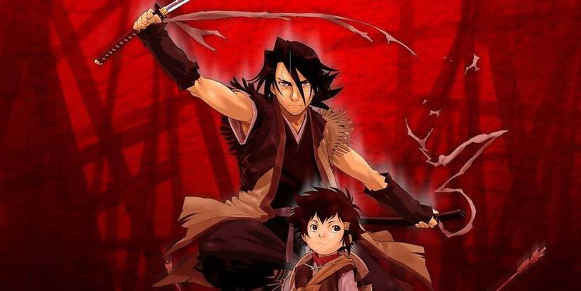 10 Best Fighting Anime No Fan Should Skip 3 Sword of the Stranger poster featuring Nanashi with his sword out protecting Kotarou against a red background-1