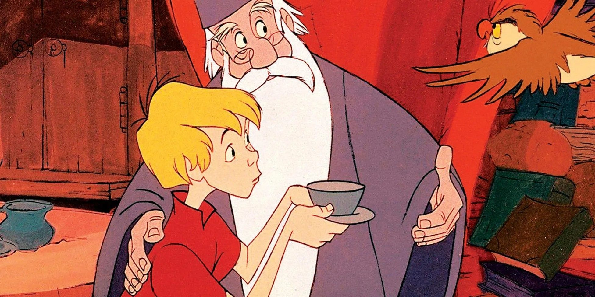Arthur and Merlin looking at an owl in The Sword and the Stone