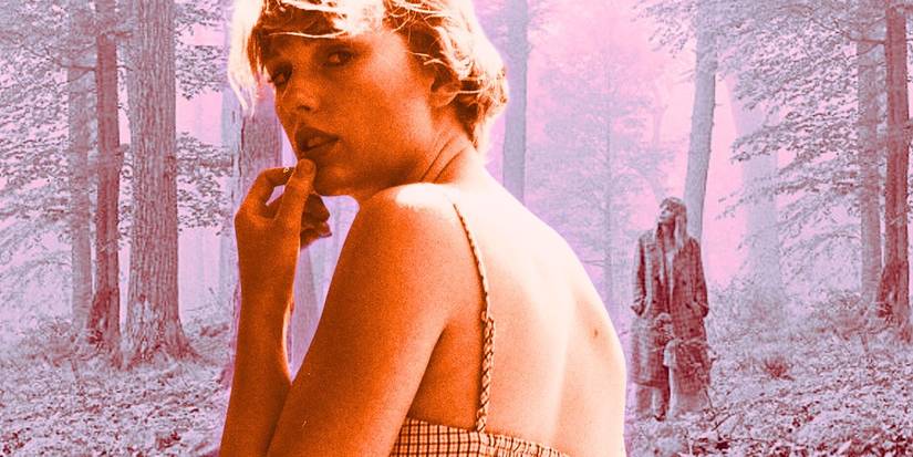 Taylor Swift looking over her shoulder in the folklore photo shoot with the folklore album cover behind