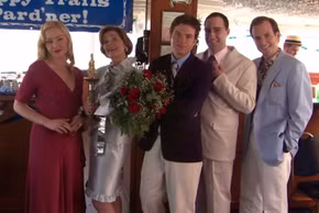 Lindsay, Lucille, Michael, Buster, and Gob Bluth posing for a photo on the boat in the Arrested Development pilot.