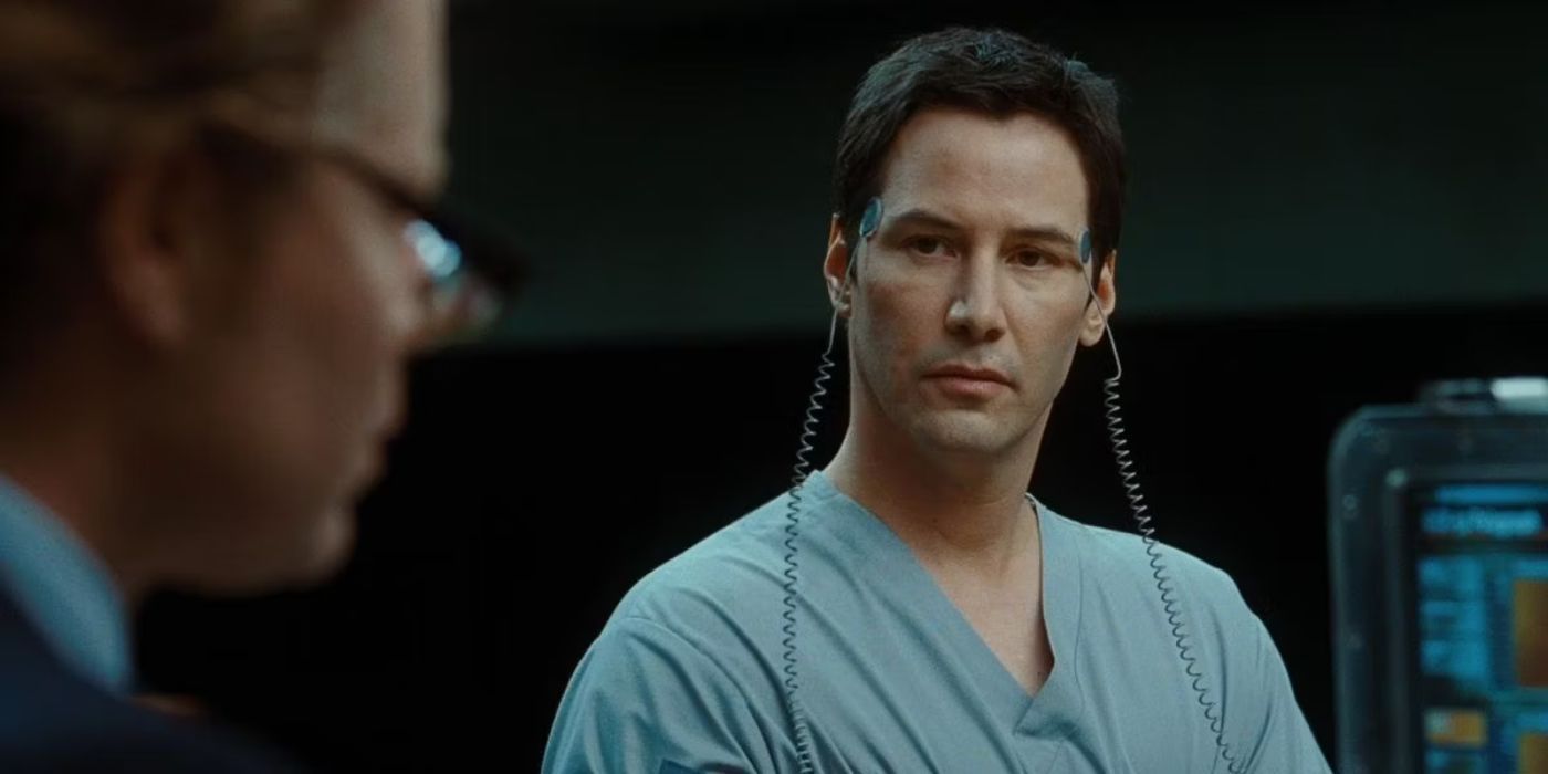 The Day The Earth Stood Still - Keanu Reeves as Klaatu being interviewed with nodes on his head