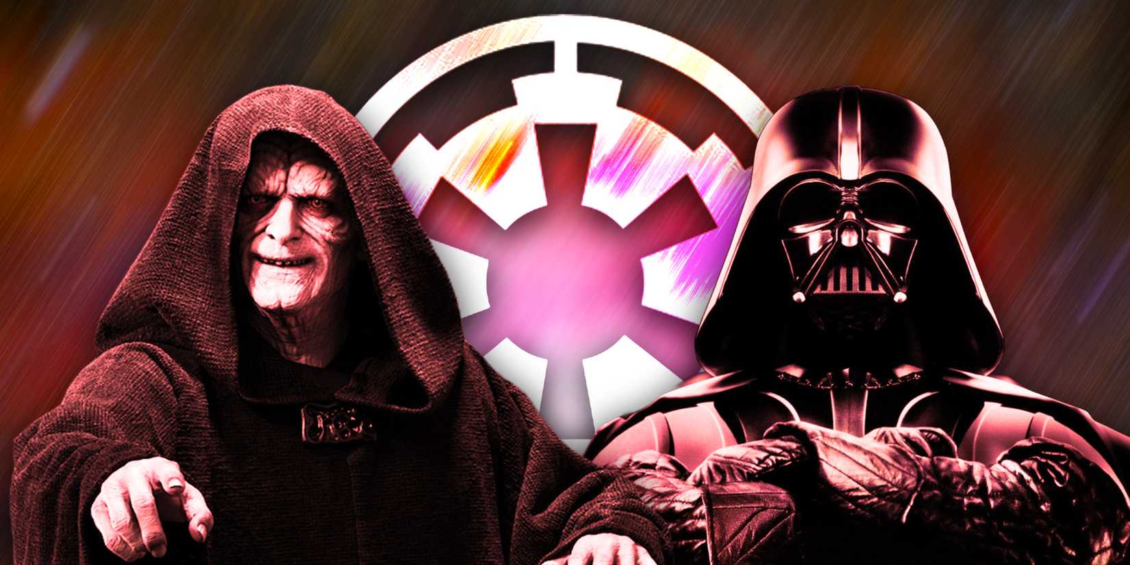 Imperador Palpatine e Darth Vader sobrepostos à insígnia do Império Galáctico em Star Wars