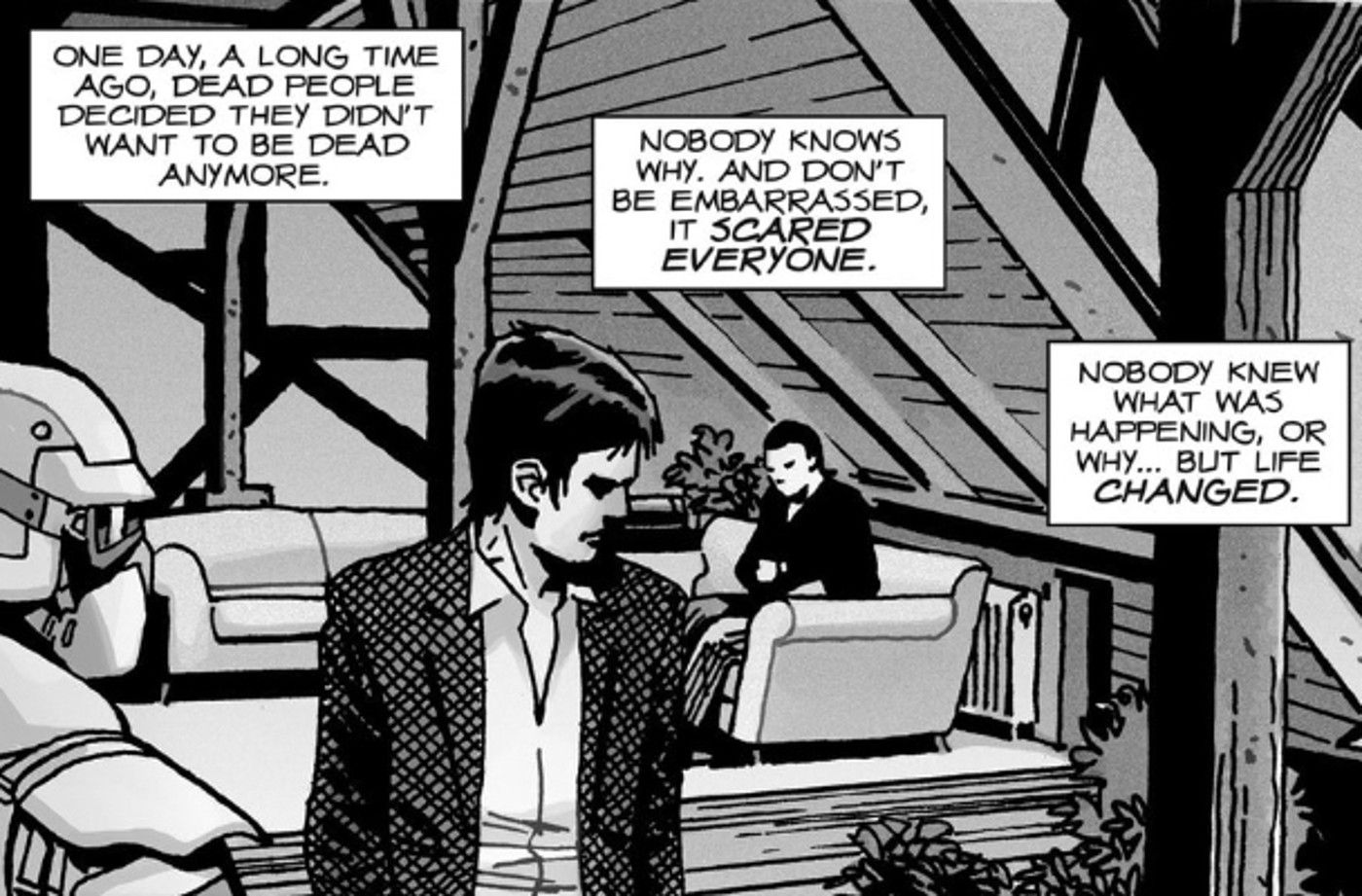 Comic book panel: Carl Grimes narrating about the zombie outbreak.