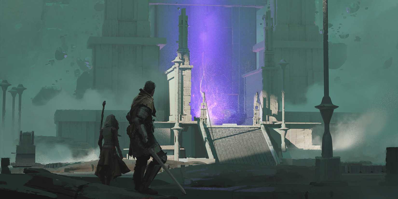 Armed characters approaching a portal among ruins with a modern flair in D&D.