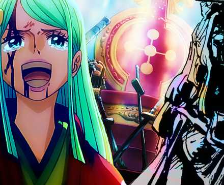 One Piece's 10 Best Romances Nobody Saw Coming 1 Toki as seen when delivering her prophecy in One Piece towards the left with the silhouette of Lily towards the right and the empty throne from marijoa in the background with the symbol of the world government on the seat in focus in One Piece