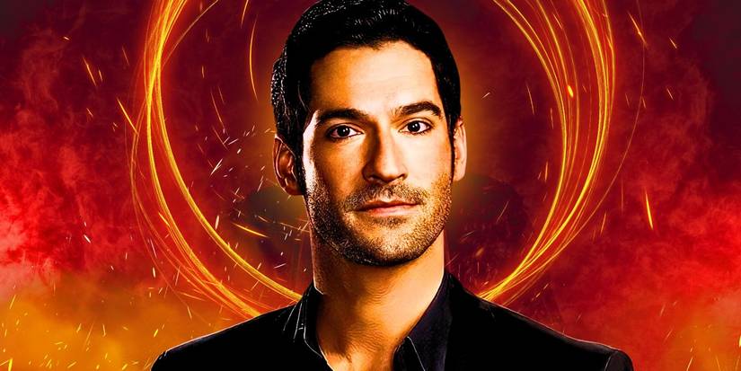 Tom Ellis as Lucifer with gold and red behind him