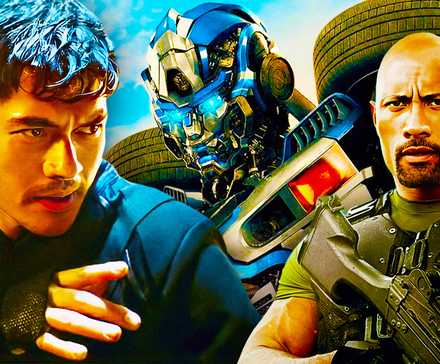 Композитное изображение, на котором Snake Eyes делает позу рядом с Роком, держащим оружие, в фильме G.I. Joe, перед Трансформером