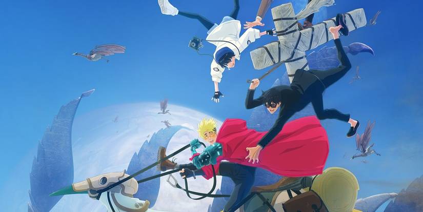 Trigun Stampede image of Vash the Stampede riding his mount chased by Nicholas D. Wolfwood and Meryl Stryfe