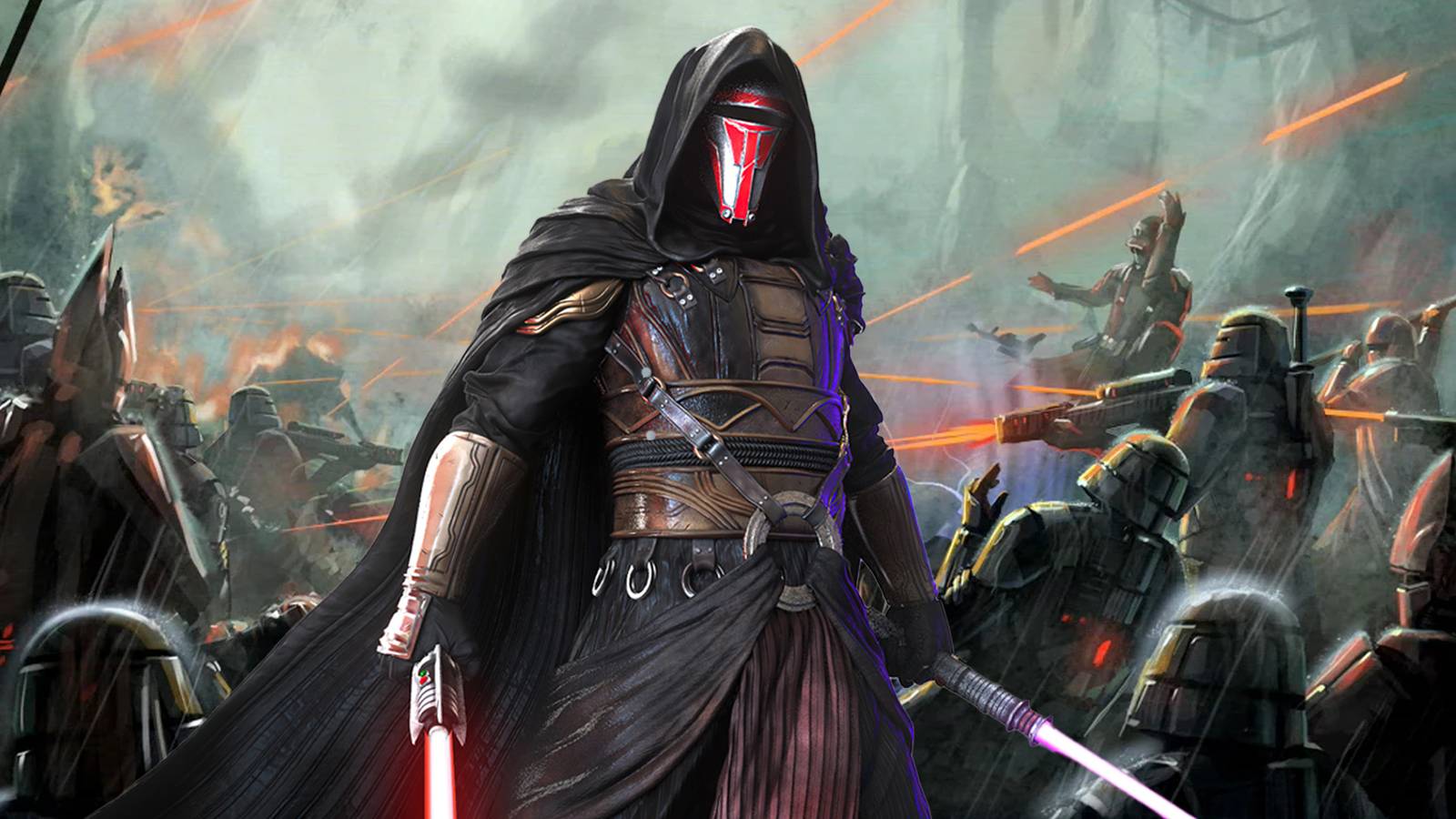 Darth Revan from the KOTOR games with the Battle of Bothawui behind him