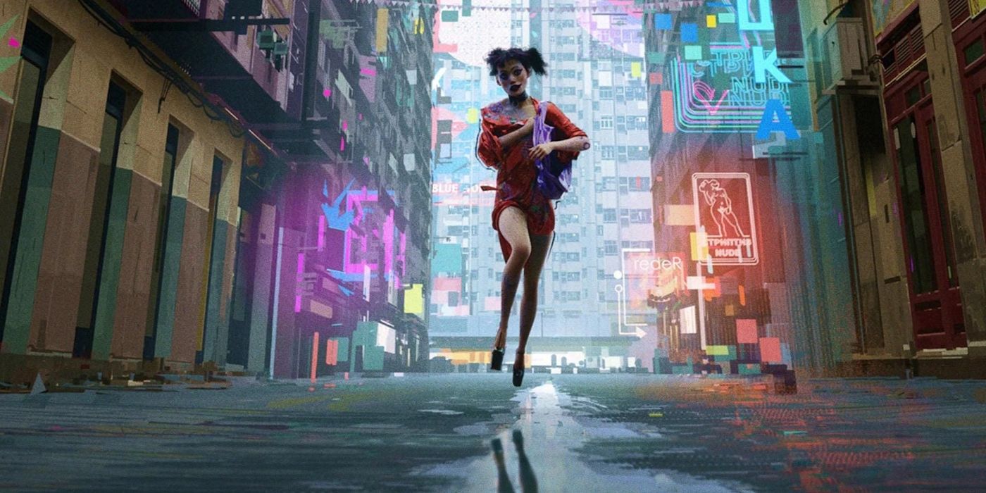 The girl running through a wet street filled with signs and lights in the Love, Death, & Robots episode The Witness