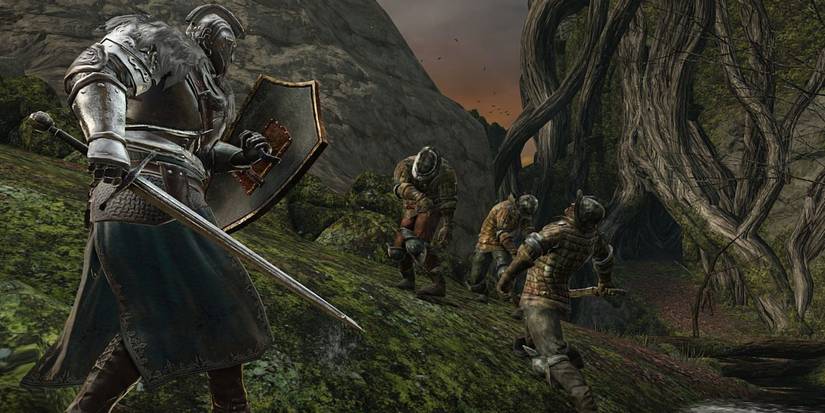 A knight uses their shield to block three zombies in Dark Souls 2