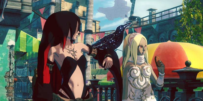 Raven posing with her bird alongside Kat, who's holding a donut, in Gravity Rush 2