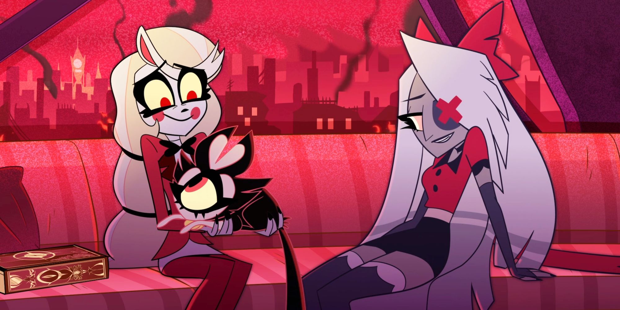 Vaggie sitting next to Charlie holding KeeKee in Hazbin Hotel