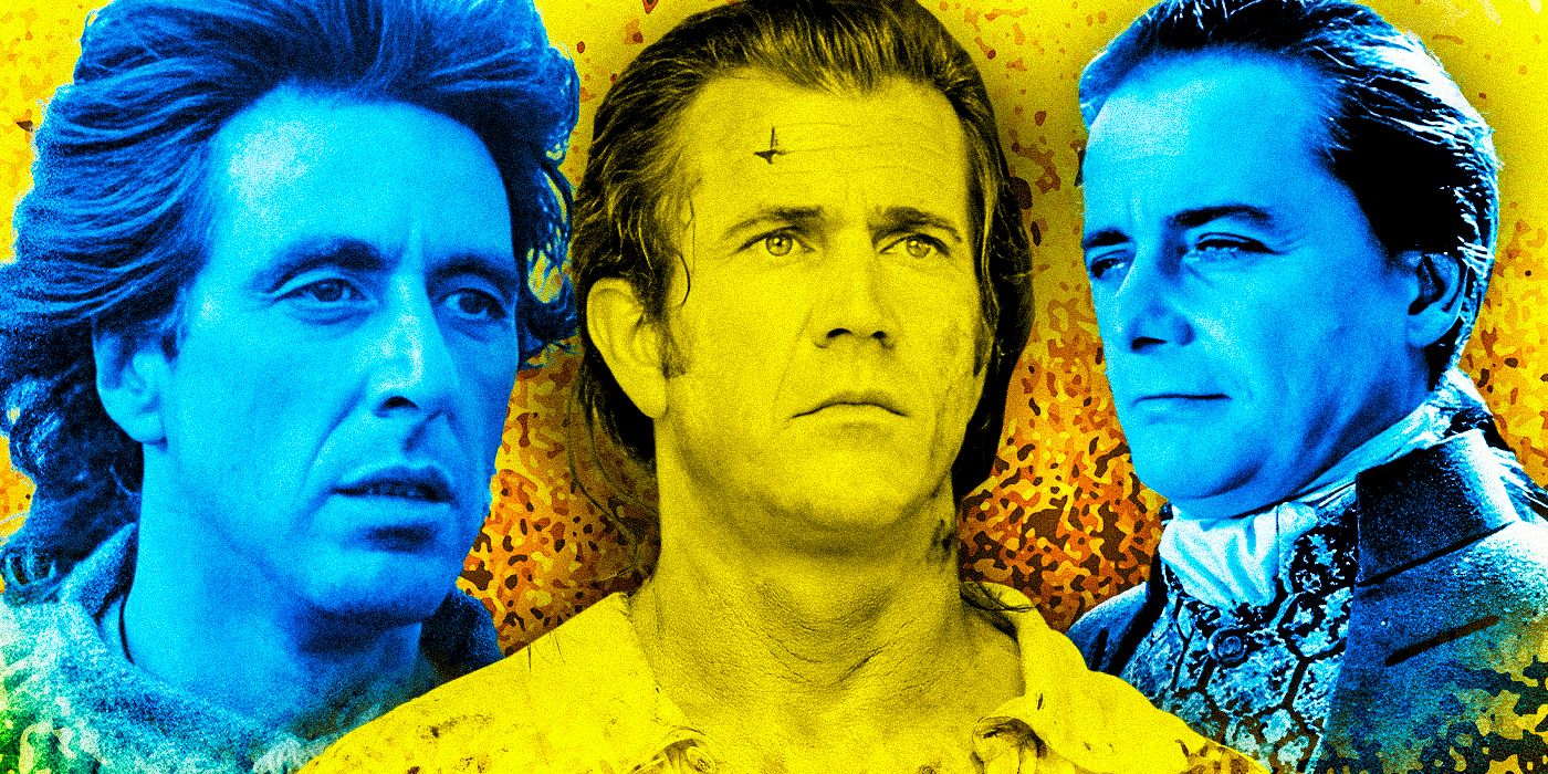 Colorized blue and yellow collage of John Adams from 1776, Tom Dobb from Revolution and Benjamin Martin from The Patriot
