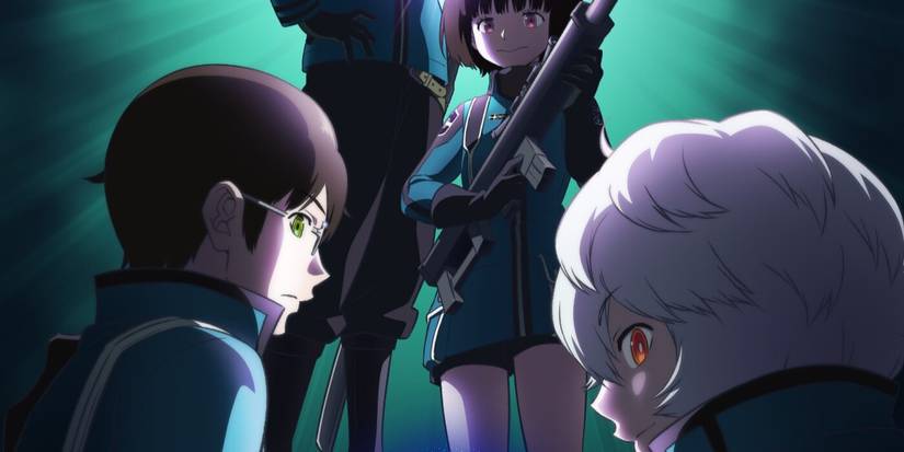 World Trigger poster showing the team formed of Osamu, Chika, and Yuuma-1