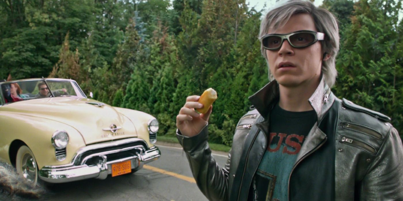 Evan Peters as Quicksilver eating a Twinkie in the road in X-Men: Apocalypse (2016)