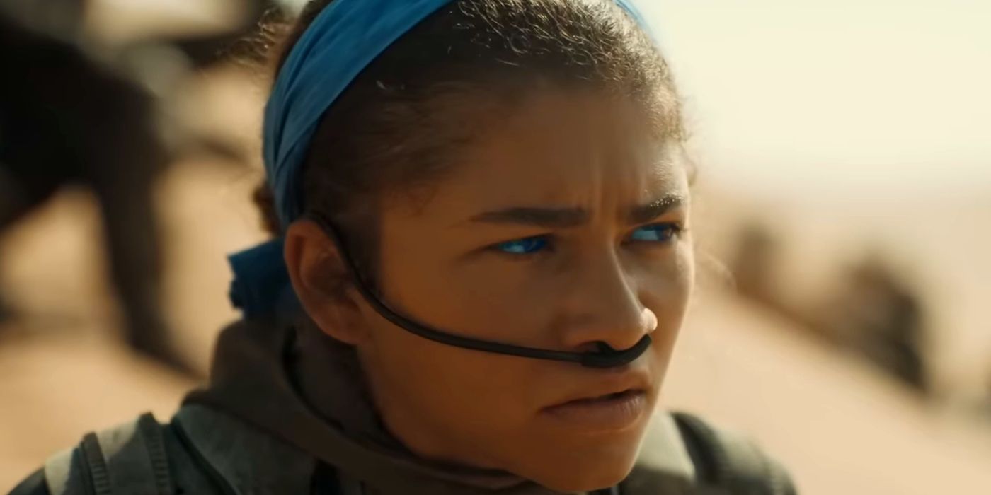 Zendaya como Chani parecendo preocupada em Duna Parte Dois