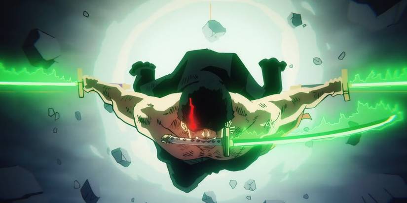 Zoro after defeating king with his three swords glowing green and a red glow from his right eye in one piece