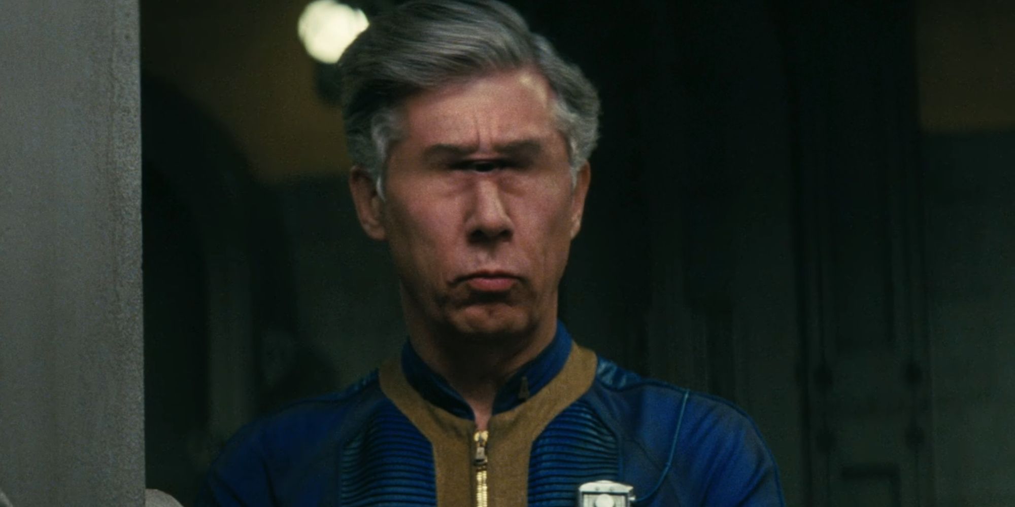 Chris Parnell as Overseer Benjamin in Fallout pouting as he looks confused