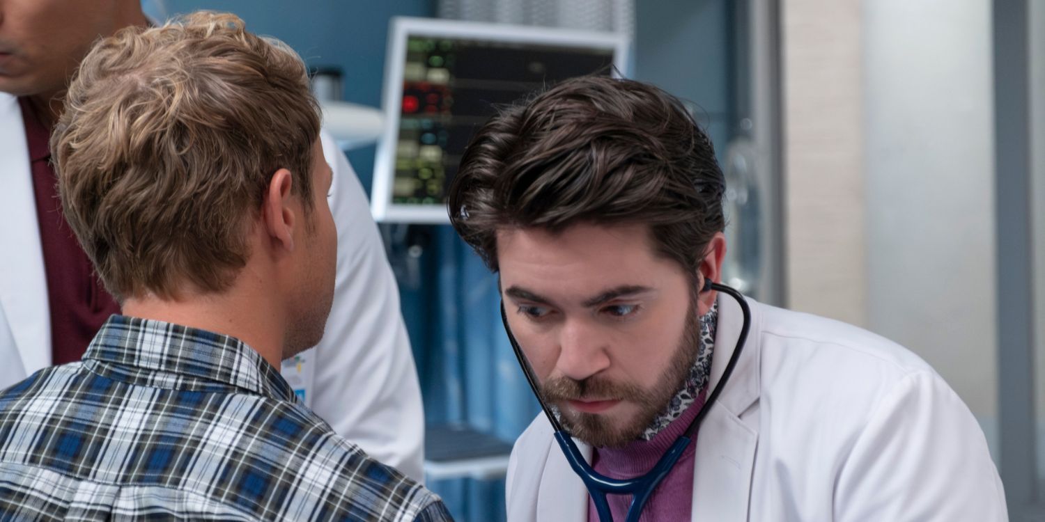 The Good Doctor's Asher has a stethoscope in his ears. He is listening to a patient's heart.