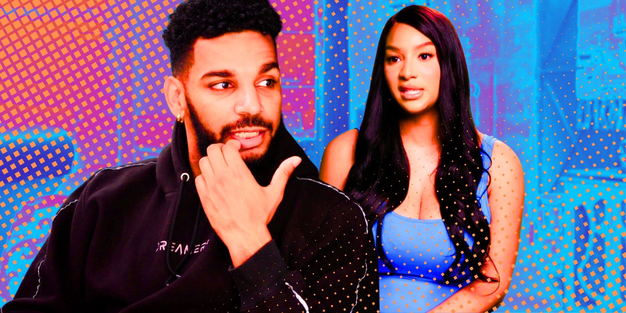 90 Day Fiancé Jamal Menzies in black looking at Chantel Everett wearing blue