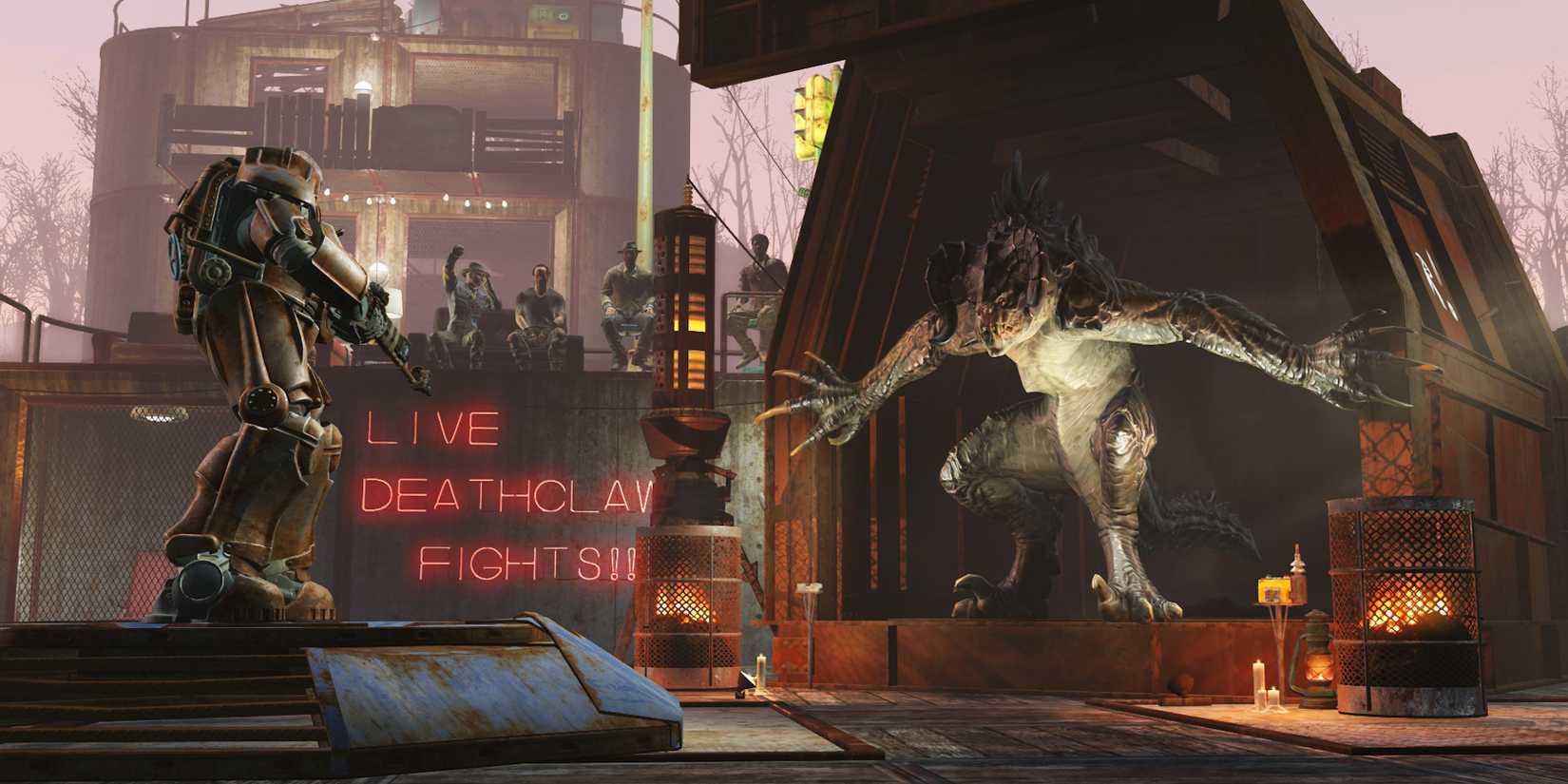 A deathclaw prepares to fight a player in power armor after being released from a cage in Fallout 4 Wasteland Workshop DLC