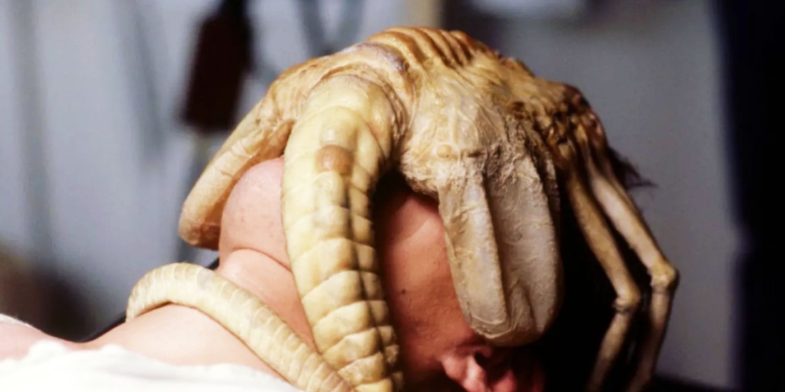 A Facehugger latched onto someone's face in Alien