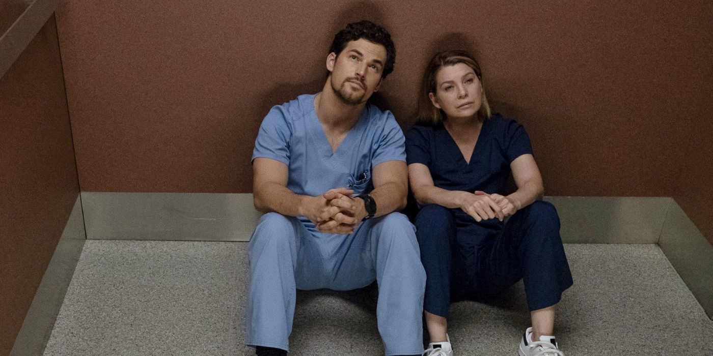 Andrew Deluca (Giacomo Gianniotti) and Meredith Grey (Ellen Pompeo) share a moment in an elevator in Grey's Anatomy