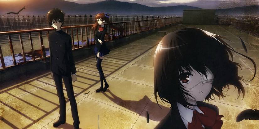 Another Anime characters standing on a school rooftop with a raven flying away behind them.