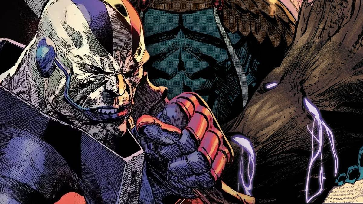 Apocalypse raising a clenched fist and grimacing (foreground) with Krakoa in the background.