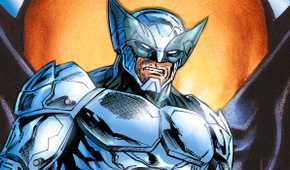 Wolverine stands in shiny new armor, set against the backdrop of his iconic mask.