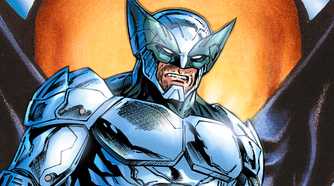 Wolverine stands in shiny new armor, set against the backdrop of his iconic mask.