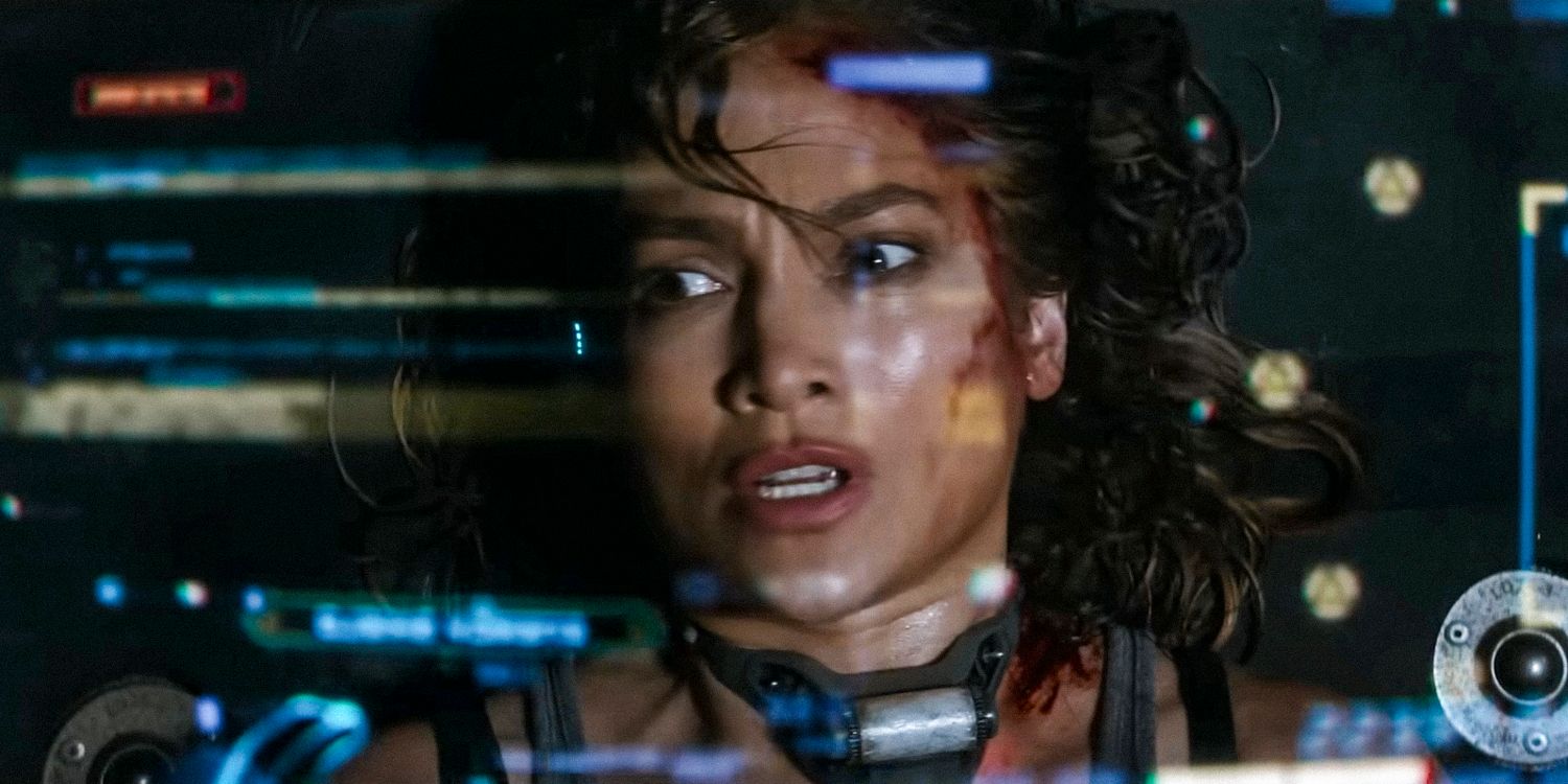 Atlas (Jennifer Lopez) in front of a futuristic interface screen in Atlas (2024)