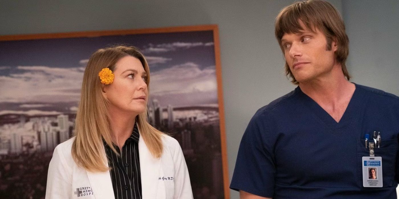 Atticus Link Lincoln (Chris Carmack) and Meredith Grey (Ellen Pompeo) share a look in Grey's Anatomy