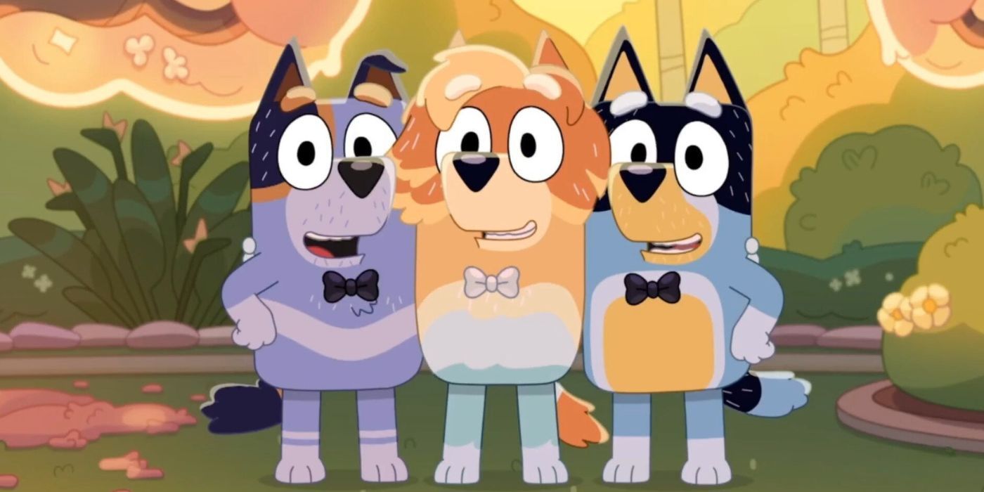 Bandit poses for a photo with his brothers Rad and Stripe in The Sign episode of Bluey